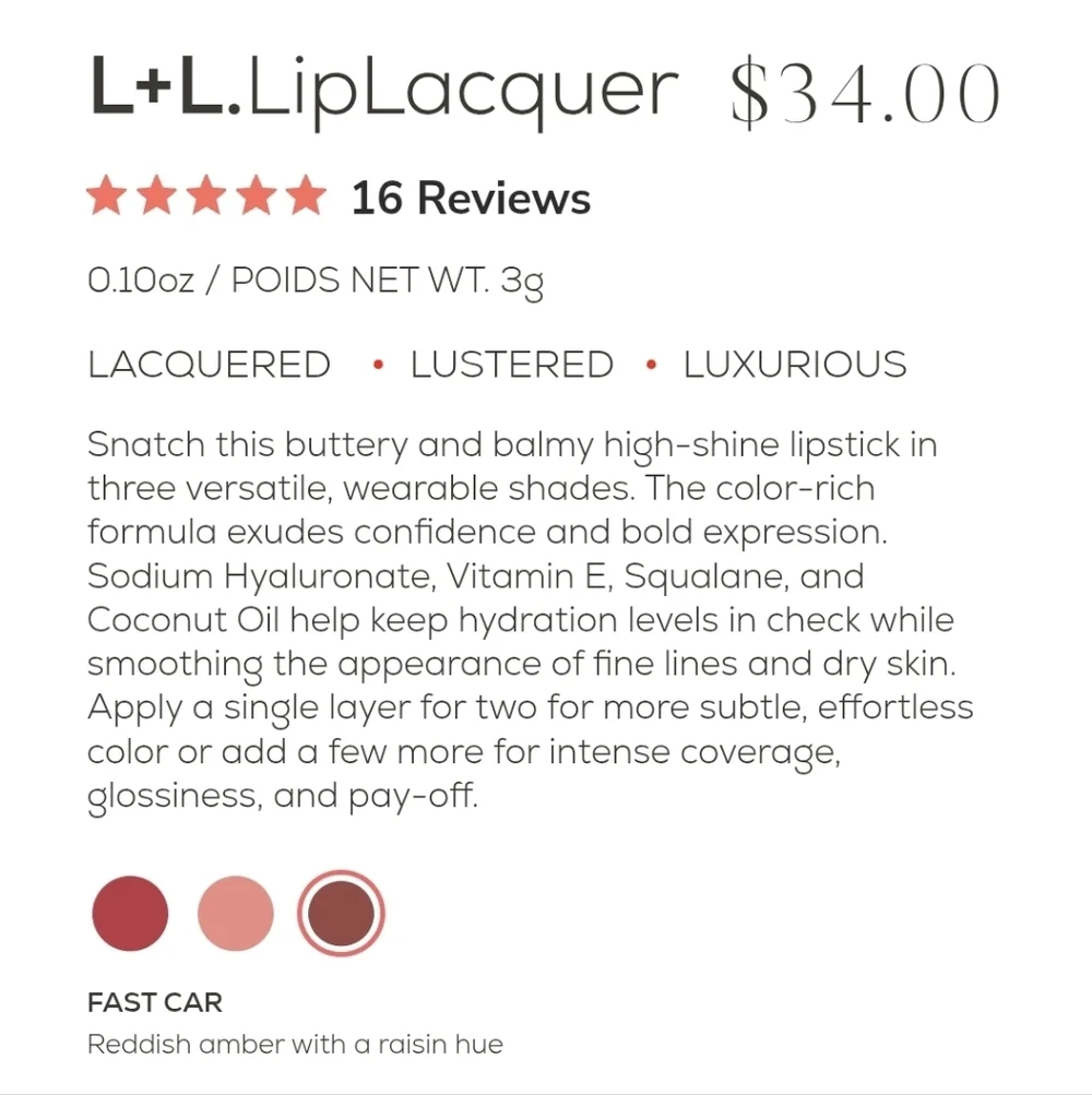 NIB FLYTE.70 L+L LipLacquer-Fast Car